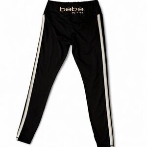 Bebe Sport Y2K Black High-Rise Leggings with Metallic White Gold Racer Stripe